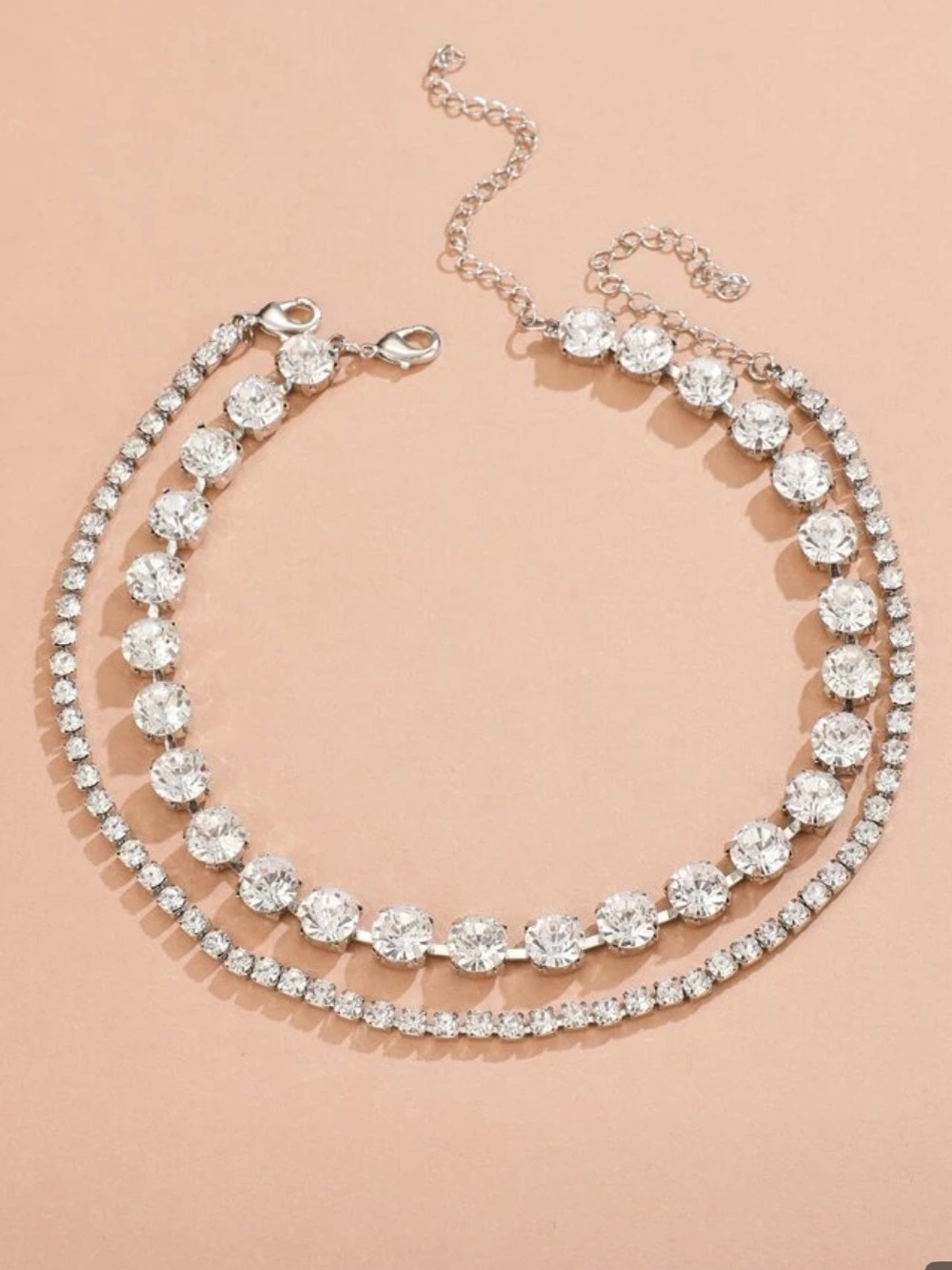 SHEIN Silver Tone Double Strand Crystal Choker Necklace - Clear